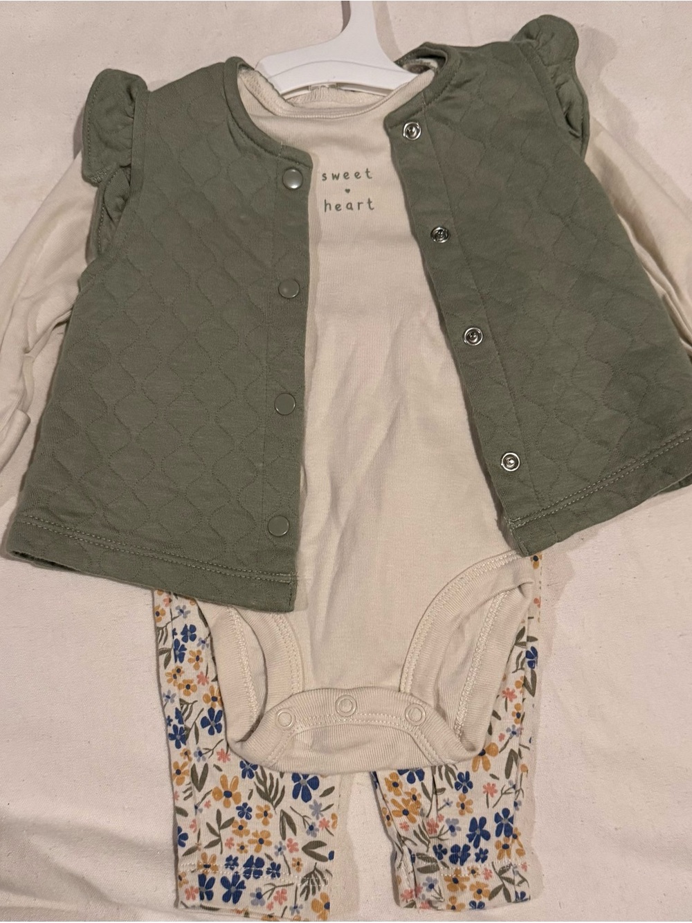 Carter's Olive Green Quilted Vest & Cream Floral Baby Set